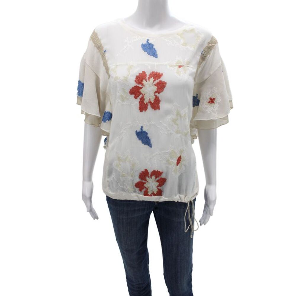 Tiny Anthropologie Womens Tunic White Floral Round Neck Short Sleeve Size L
